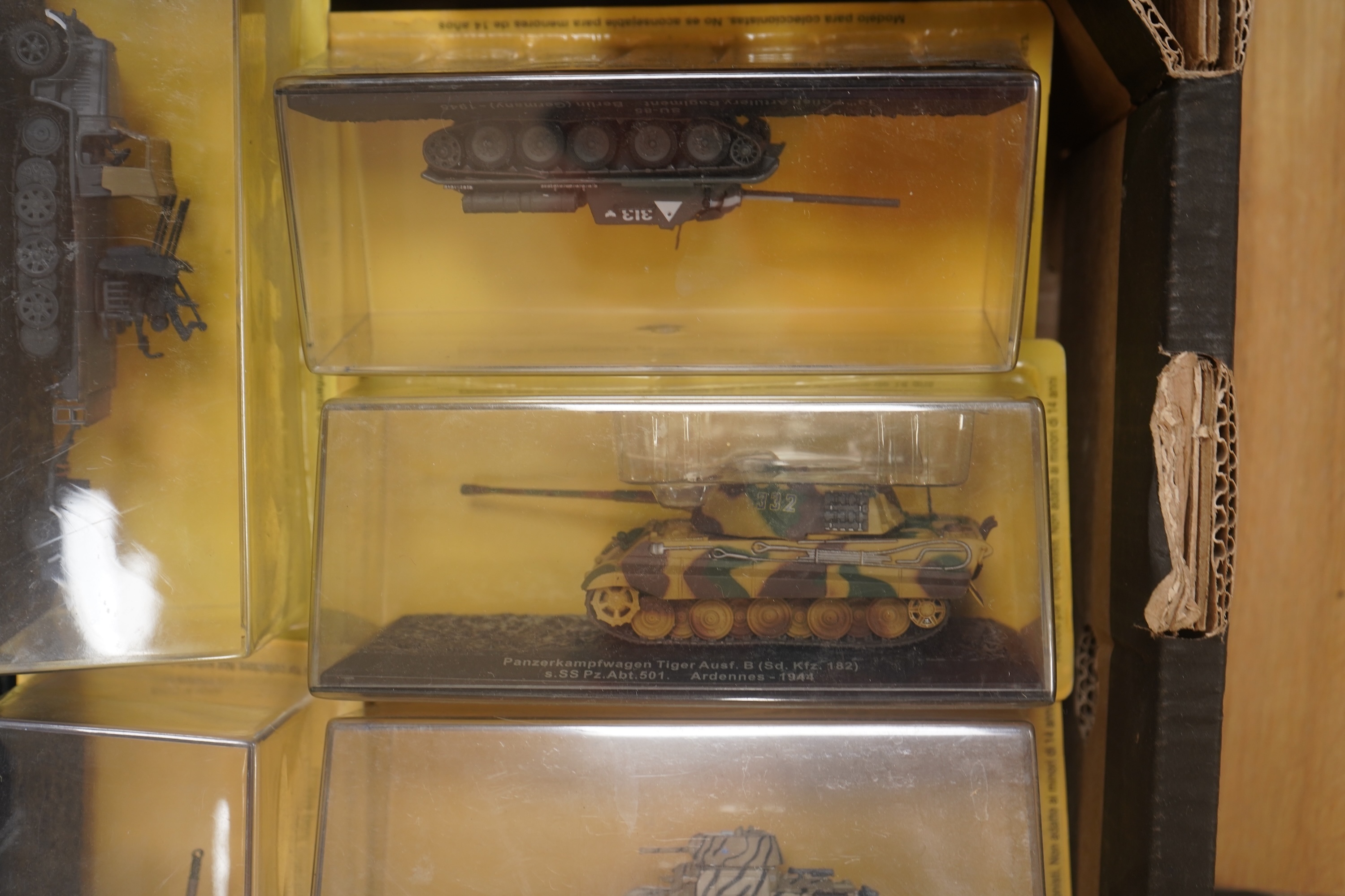 Forty-five DeAgostini magazine issue model tanks from ‘The Combat Tanks Collection’, including British, US, USSR, etc. examples, together with three folders of related magazines. Condition fair to good, all in original b